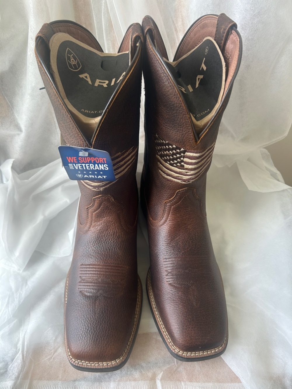 Ariat Men’s Brown Leather Western Cowboy Boots with Flag Stitching Square Toe